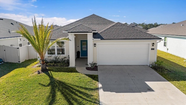 view of front facade with fence, driveway, a shingled roof, a front lawn, and a garage