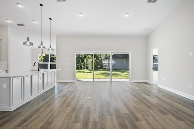 unfurnished living room featuring dark hardwood / wood-style floors and sink