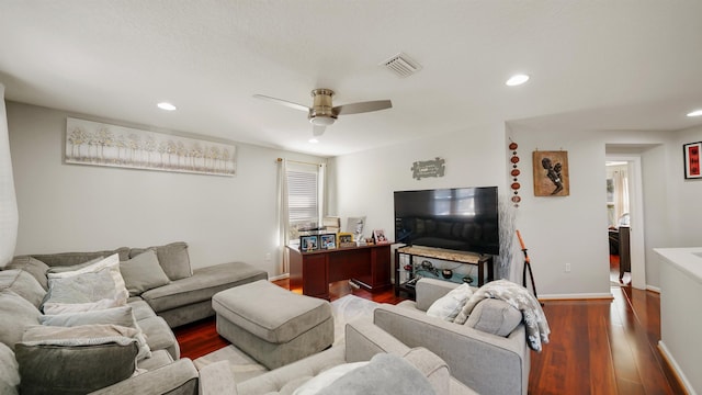 living area featuring ceiling fan, wood finished floors, visible vents, and recessed lighting