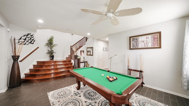 rec room with ceiling fan, recessed lighting, pool table, visible vents, and baseboards