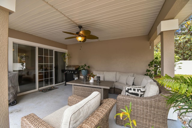 view of patio / terrace with an outdoor hangout area, ceiling fan, and a grill