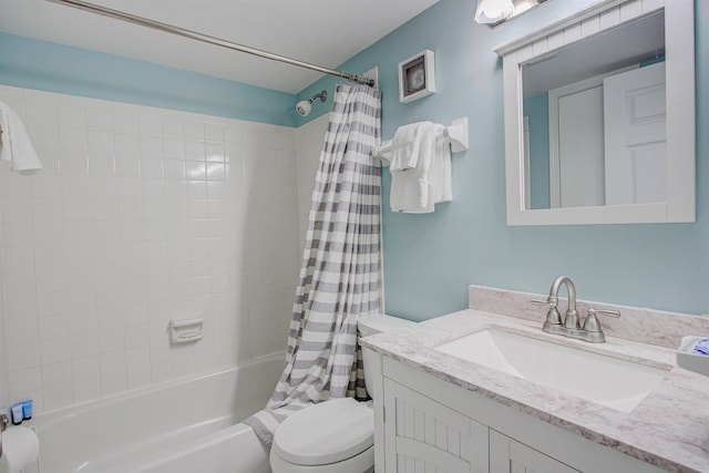 full bathroom featuring vanity, toilet, and shower / bathtub combination with curtain