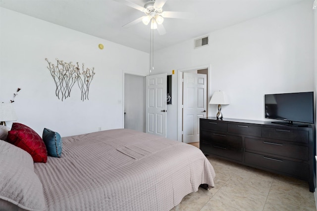 bedroom with ceiling fan and visible vents