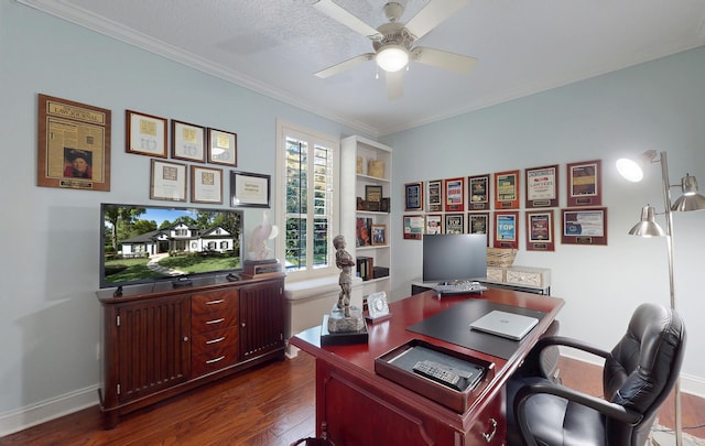 113 Holly Berry Ln, Saint Johns, FL 32259 - office area featuring a textured ceiling, crown molding, baseboards, ceiling fan, and dark wood-style floors