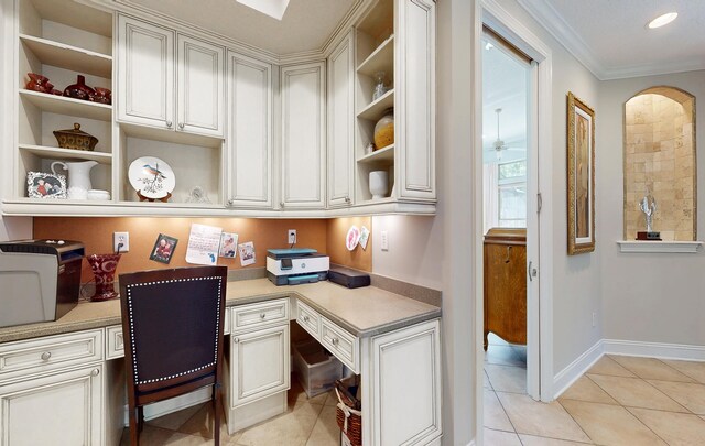 113 Holly Berry Ln, Saint Johns, FL 32259 - office area featuring built in study area, light tile patterned floors, baseboards, ornamental molding, and recessed lighting