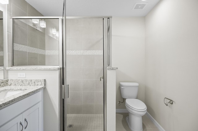 bathroom with vanity, toilet, an enclosed shower, and tile patterned flooring