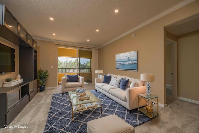 carpeted living room featuring a textured ceiling and crown molding