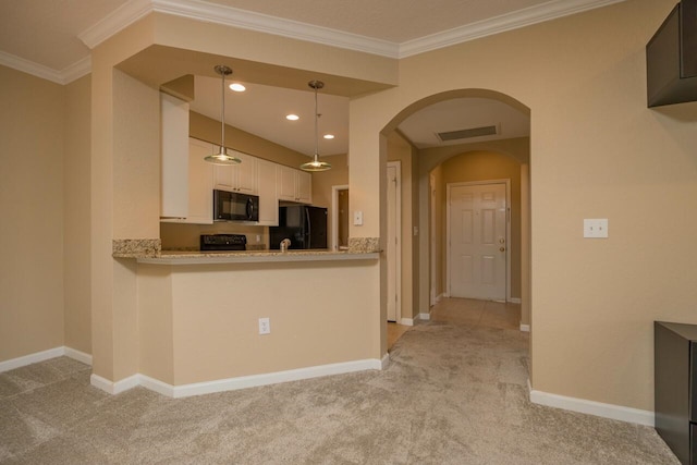 8539 Gate Pkwy Unit 431, Jacksonville, FL 32216 - kitchen with ornamental molding, light carpet, visible vents, arched walkways, and black appliances