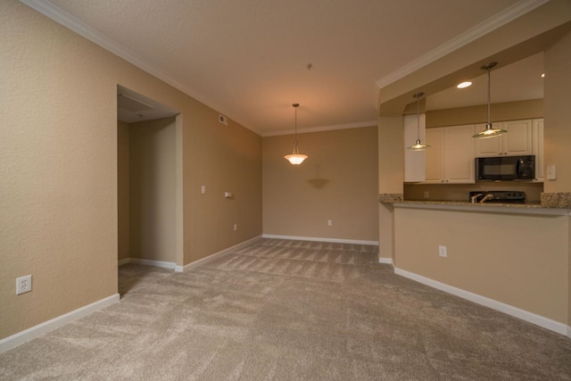 interior space featuring light colored carpet, stainless steel electric range oven, and ornamental molding