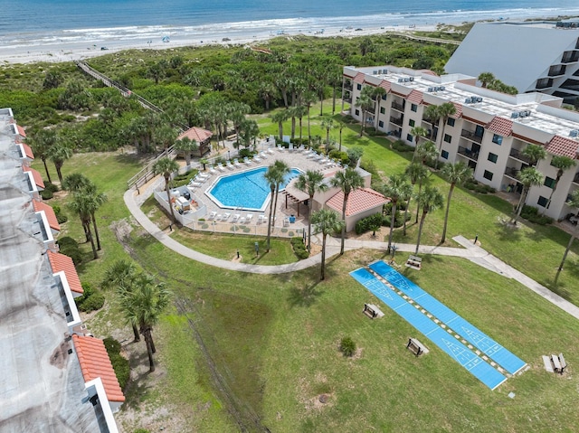 bird's eye view with a beach view and a water view