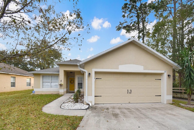 single story home with a front lawn and a garage