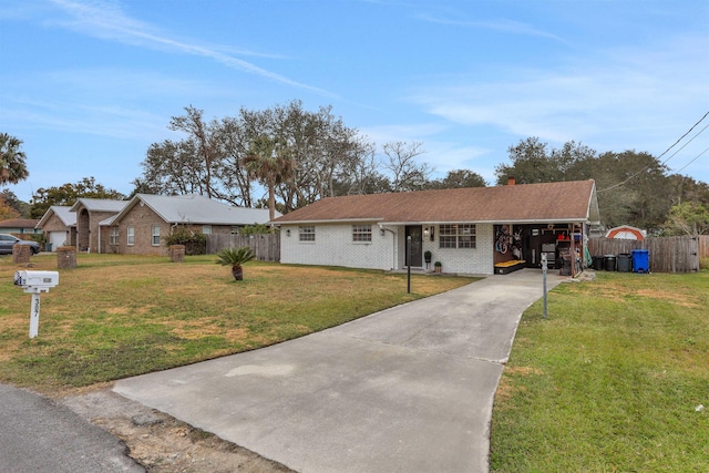 ranch-style home featuring a front lawn and a carport