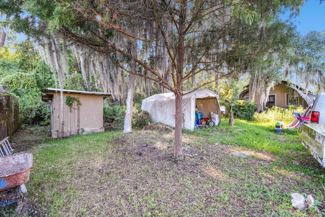 view of yard with a storage shed