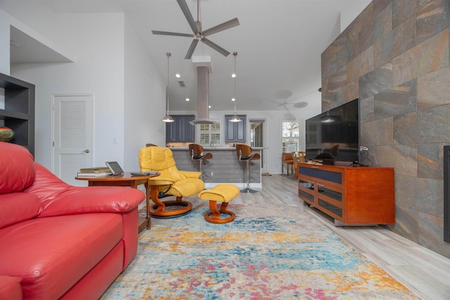 301 Graciela Cir, Saint Augustine, FL 32086 - living area featuring vaulted ceiling, wood finished floors, and a ceiling fan