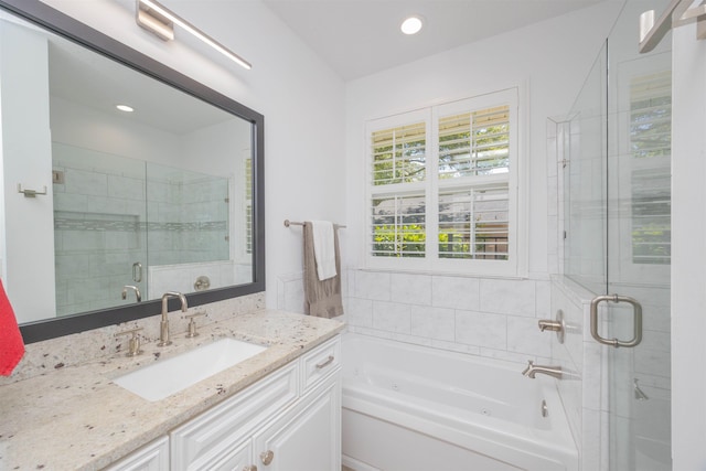 301 Graciela Cir, Saint Augustine, FL 32086 - bathroom featuring a garden tub, vanity, recessed lighting, and a stall shower