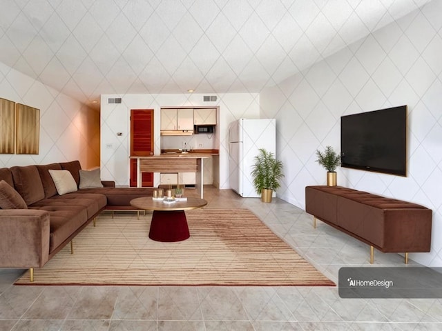 living room featuring tile walls