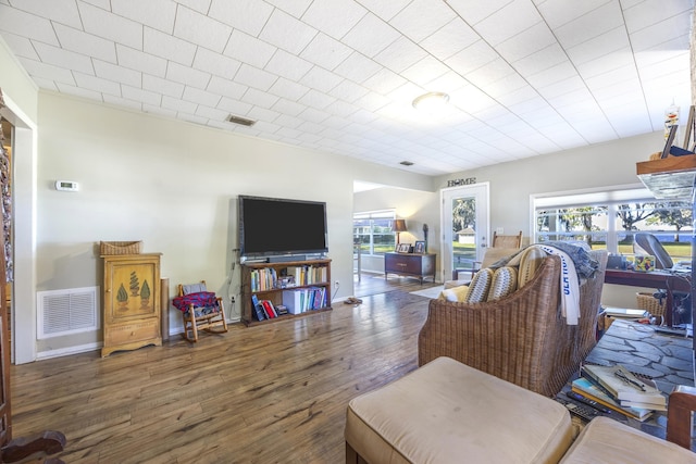 living room featuring dark hardwood / wood-style flooring and a wealth of natural light