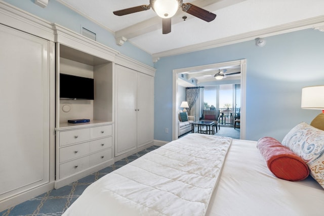 bedroom featuring baseboards, ornamental molding, ceiling fan, beam ceiling, and access to exterior