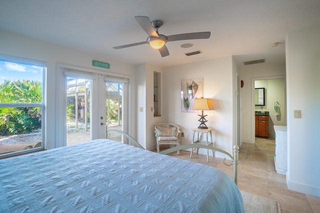 bedroom with access to exterior, french doors, and ceiling fan