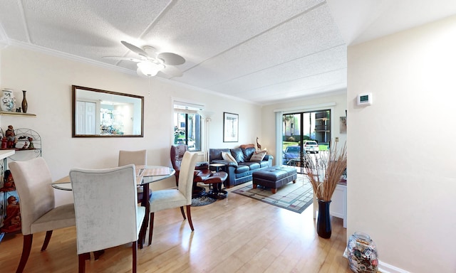  - dining space featuring plenty of natural light, wood finished floors, a ceiling fan, ornamental molding, and a textured ceiling