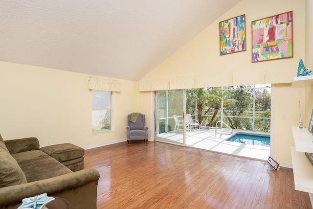 209 Lions Gate Dr, Saint Augustine, FL 32080 - living room featuring baseboards, high vaulted ceiling, wood finished floors, and a textured ceiling