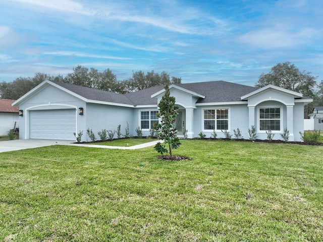 ranch-style home with a front yard, roof with shingles, an attached garage, stucco siding, and concrete driveway