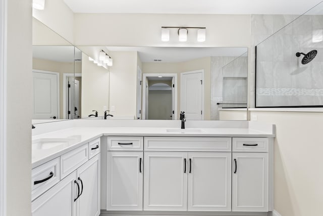 bathroom featuring a sink, walk in shower, and double vanity