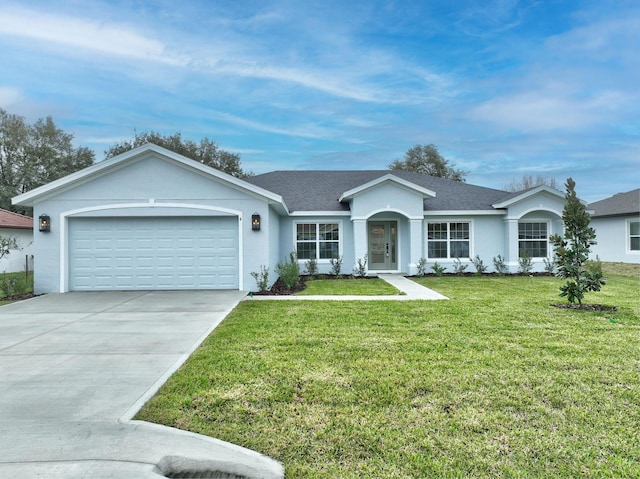 ranch-style house featuring concrete driveway, a front yard, roof with shingles, stucco siding, and an attached garage