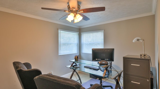 office featuring ceiling fan, carpet, a textured ceiling, and ornamental molding