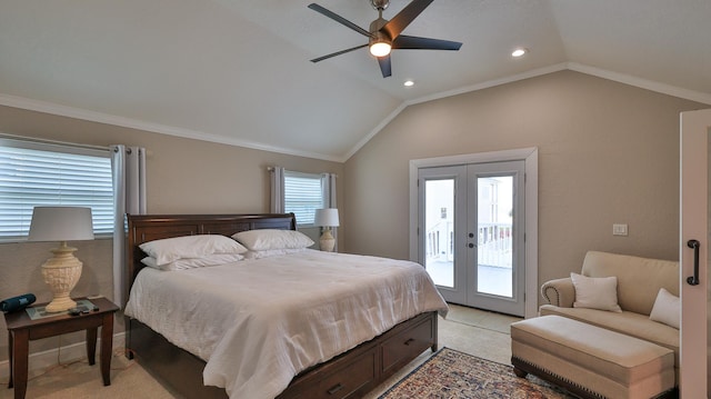 bedroom featuring lofted ceiling, access to outside, french doors, ceiling fan, and light colored carpet