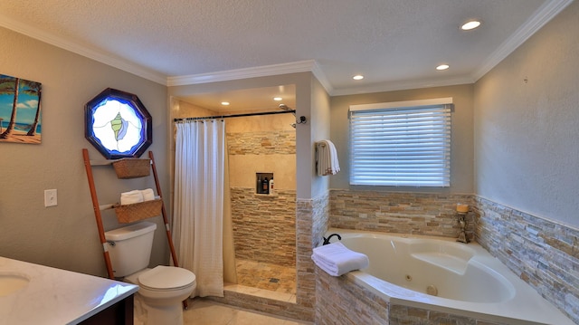 full bathroom featuring ornamental molding, vanity, a textured ceiling, shower with separate bathtub, and toilet