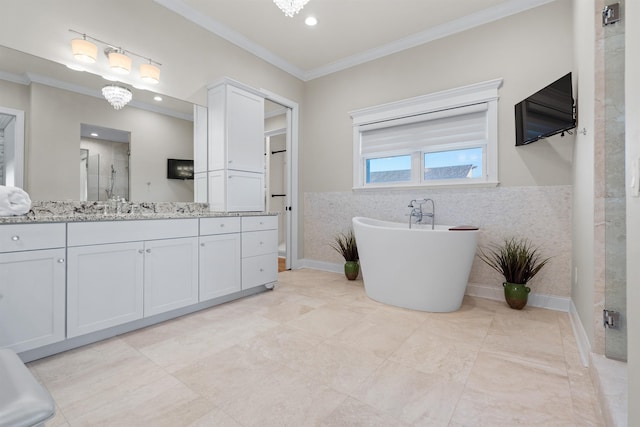 bathroom with vanity, shower with separate bathtub, a chandelier, and crown molding