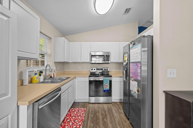 461 S Nassau St, Saint Augustine, FL 32084 - kitchen with appliances with stainless steel finishes, a sink, lofted ceiling, light countertops, and white cabinets