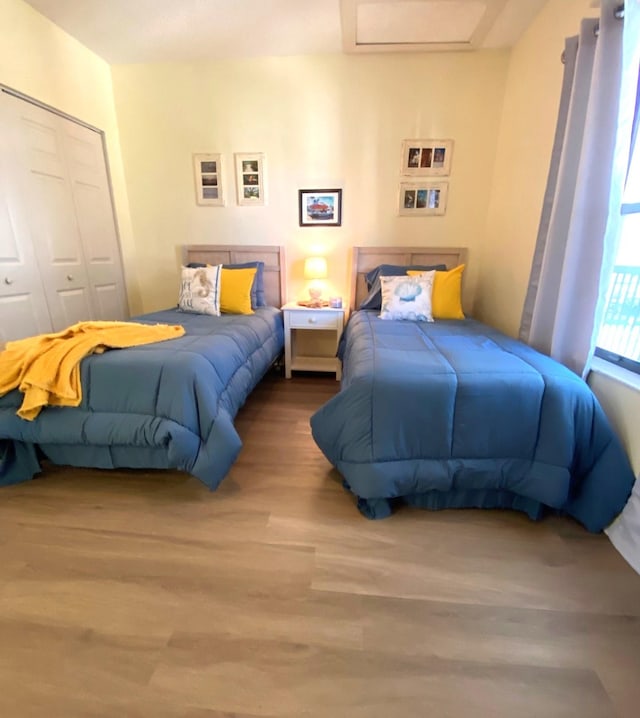 bedroom featuring wood-type flooring and a closet