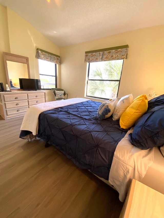 bedroom with hardwood / wood-style floors and vaulted ceiling