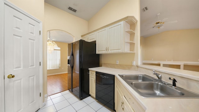 kitchen with visible vents, open shelves, light tile patterned flooring, a sink, and black appliances