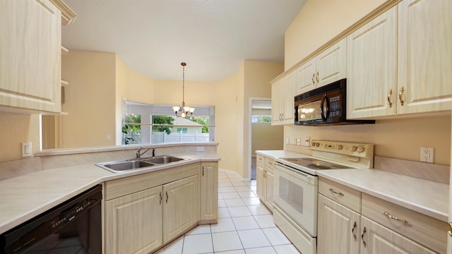 kitchen with open shelves, a peninsula, a sink, light tile patterned floors, and black appliances