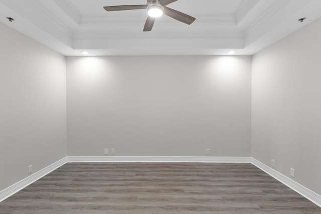 spare room with a raised ceiling, a ceiling fan, wood finished floors, and crown molding