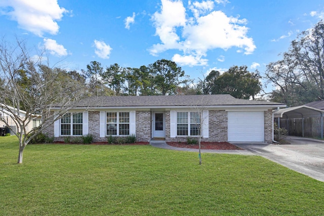 single story home with driveway, a shingled roof, an attached garage, a front lawn, and brick siding