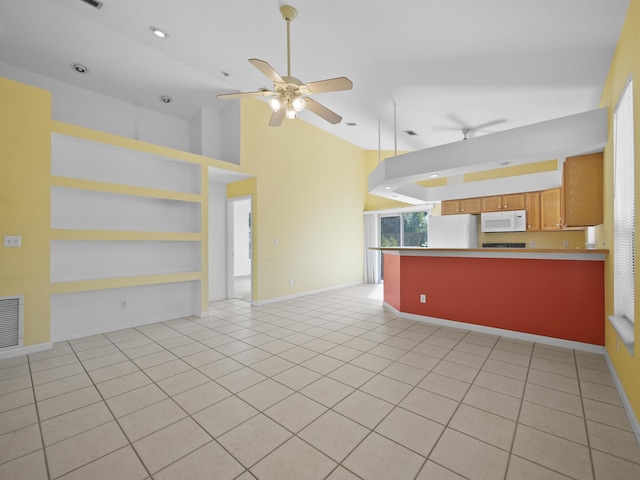 unfurnished living room featuring built in shelves, ceiling fan, high vaulted ceiling, and light tile patterned floors