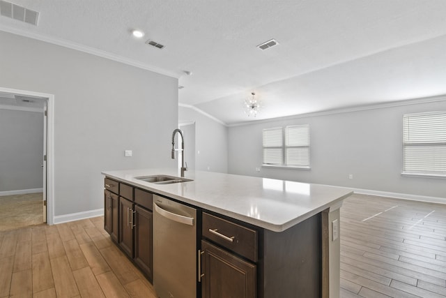 181 Narvarez Ave, Saint Augustine, FL 32084 - kitchen featuring light wood finished floors, open floor plan, visible vents, dishwasher, and ornamental molding