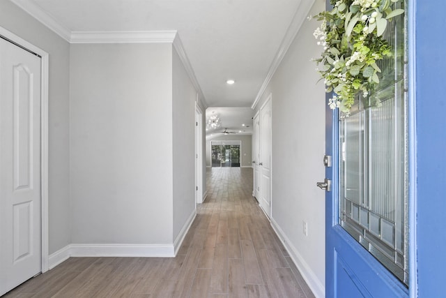 181 Narvarez Ave, Saint Augustine, FL 32084 - hallway with baseboards, ornamental molding, and wood finished floors