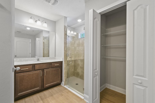 181 Narvarez Ave, Saint Augustine, FL 32084 - bathroom with a stall shower, baseboards, wood finished floors, vanity, and a walk in closet