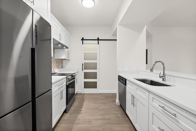 kitchen featuring white cabinets, sink, a barn door, appliances with stainless steel finishes, and tasteful backsplash