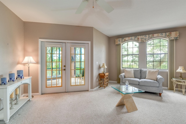 2202 Vista Cove Rd, Saint Augustine, FL 32084 - carpeted living room with french doors, plenty of natural light, a ceiling fan, and baseboards