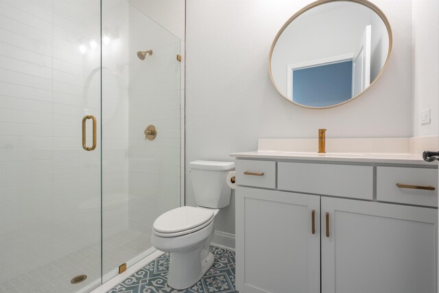 full bath with toilet, a shower stall, vanity, tile patterned flooring, and baseboards