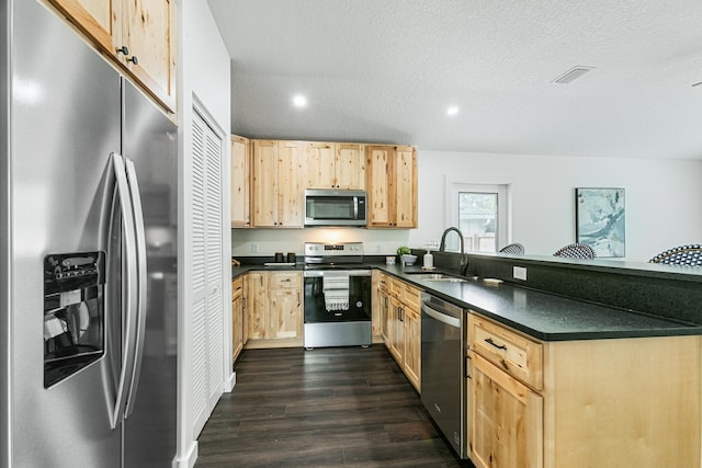 kitchen with sink, stainless steel appliances, dark hardwood / wood-style floors, and light brown cabinets