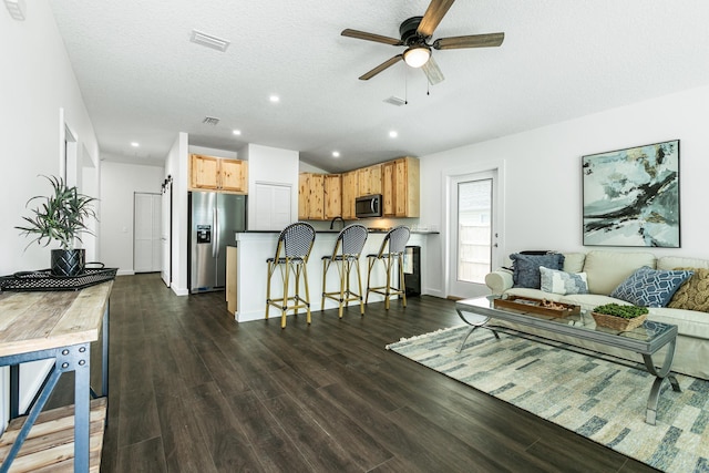 living room featuring a textured ceiling, ceiling fan, and dark hardwood / wood-style floors