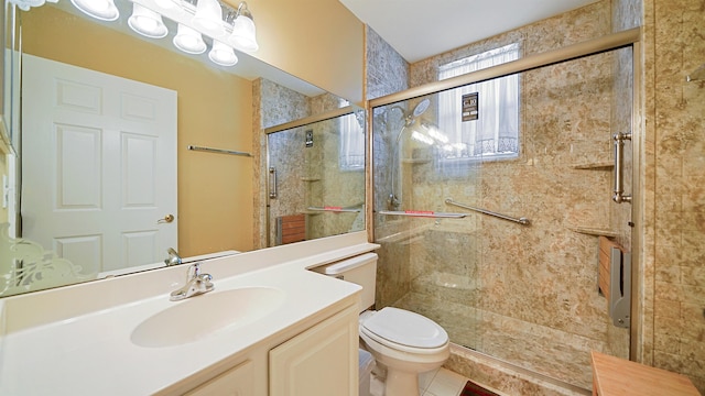 308 Augusta Cir, Saint Augustine, FL 32086 - bathroom featuring vanity, toilet, tile patterned floors, and a stall shower