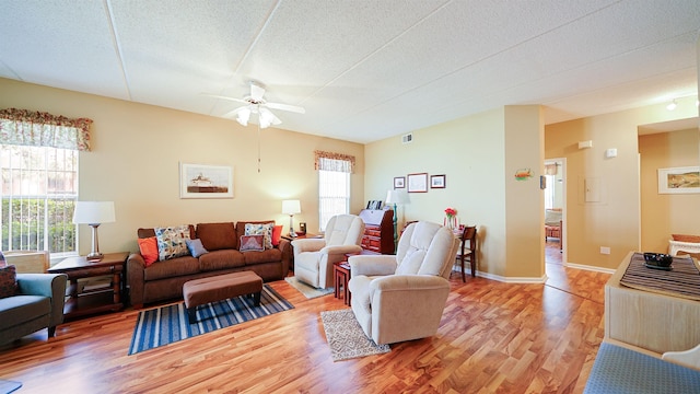 308 Augusta Cir, Saint Augustine, FL 32086 - living room with ceiling fan, light wood finished floors, a textured ceiling, and visible vents